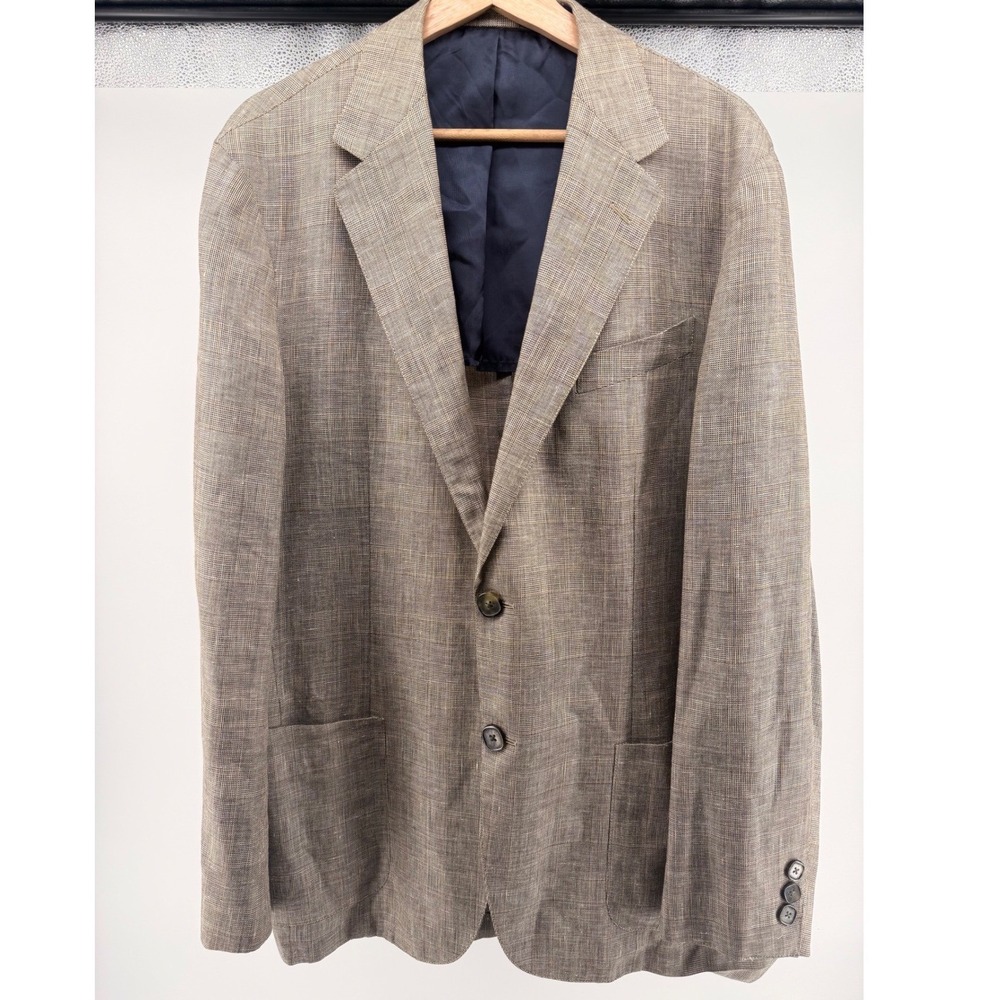 Faconnable Wool Linen Blend Plaid  Mens‎ XL Brown Unstructured Blazer 0836
